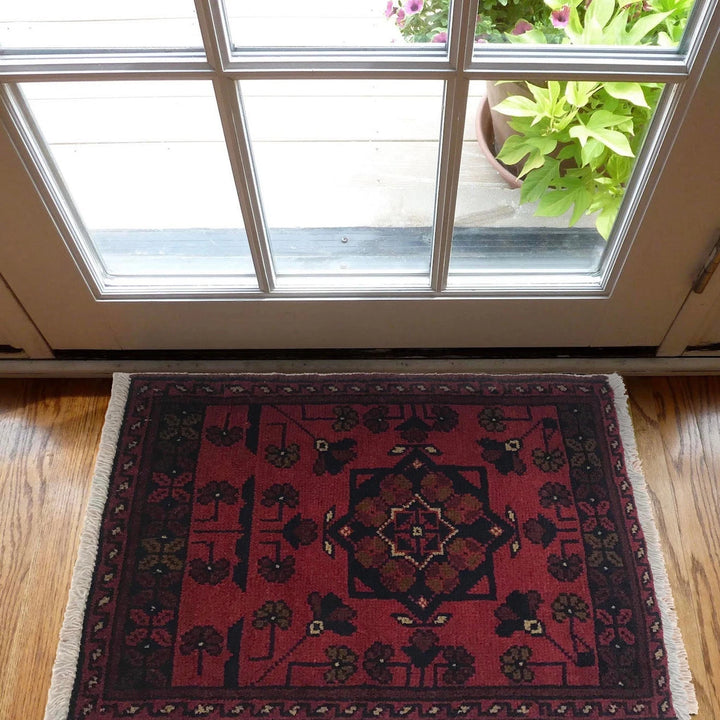 Red Afghan Oriental Doormat 1' 5" x 2' 0" Hand-Knotted | No. AL32228