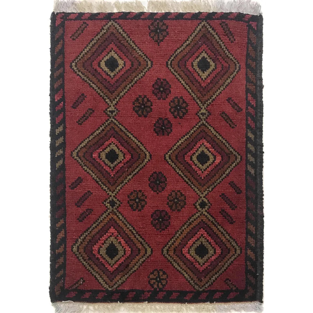 Red Afghan Doormat Rug 1' 5" x 2' 0" Hand-Knotted | No. AL32464