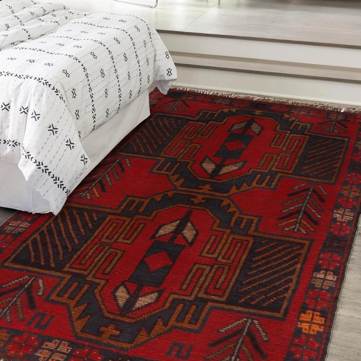 Red Afghan Baluchi Rug 2' 9" x 4' 5" Hand-Knotted | No. AL32493