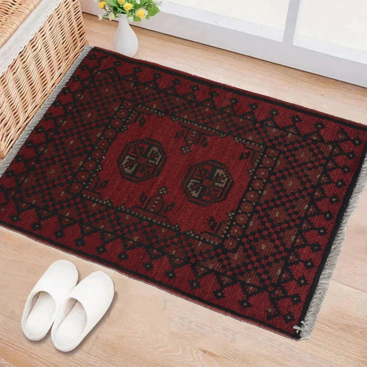 Red Afghan Oriental Doormat 1' 7" x 2' 1" Hand-Knotted | No. AL32501