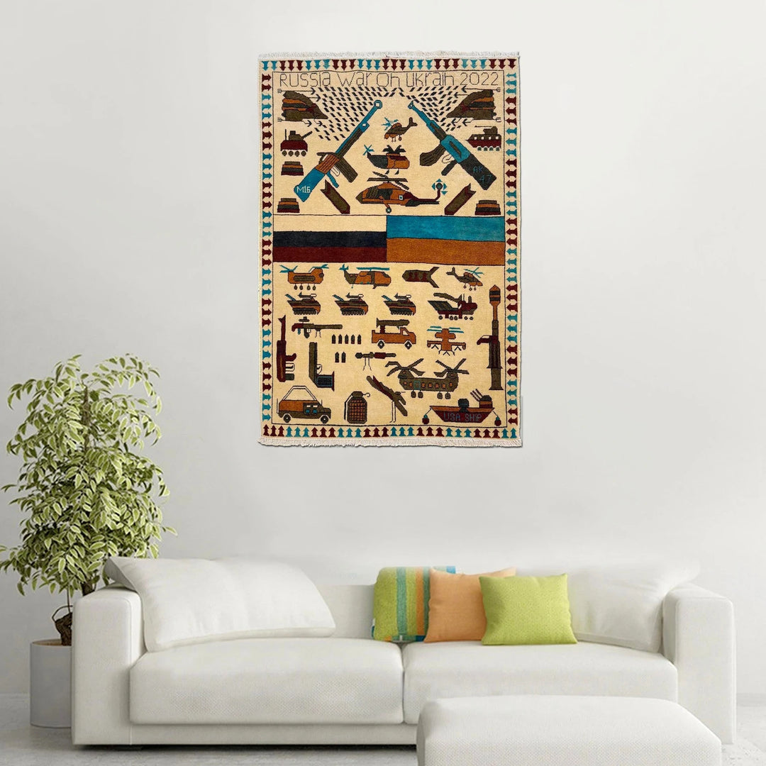 Beige Afghan War Carpet Rug 3' 5" x 4' 10" Hand-Knotted | No. AL32509