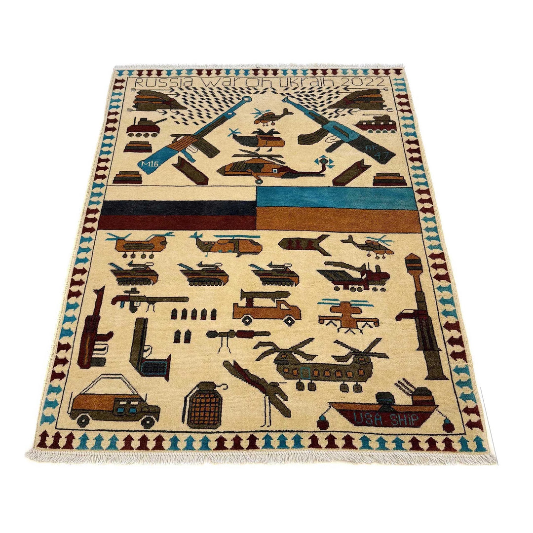 Beige Afghan War Carpet Rug 3' 5" x 4' 10" Hand-Knotted | No. AL32509