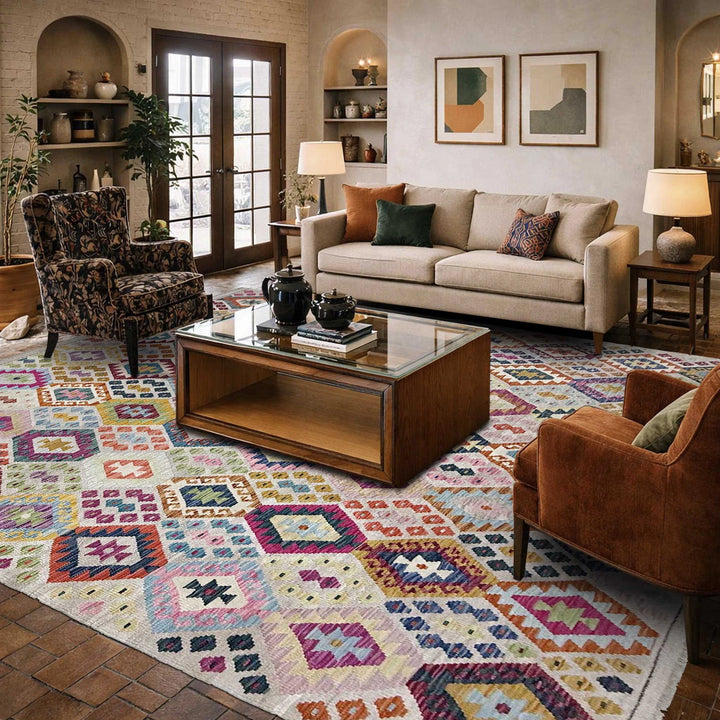 Afghan Vegetable Kilim Rug 8' 2" x 9' 10" Flat-Weave | No. AL325132