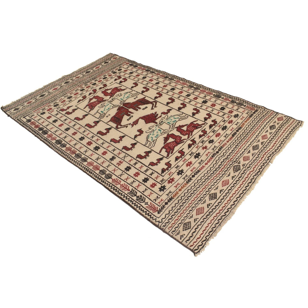 White Afghan Soumak Rug 3' 11" x 6' 3" Flat-Weave | No. AL32606