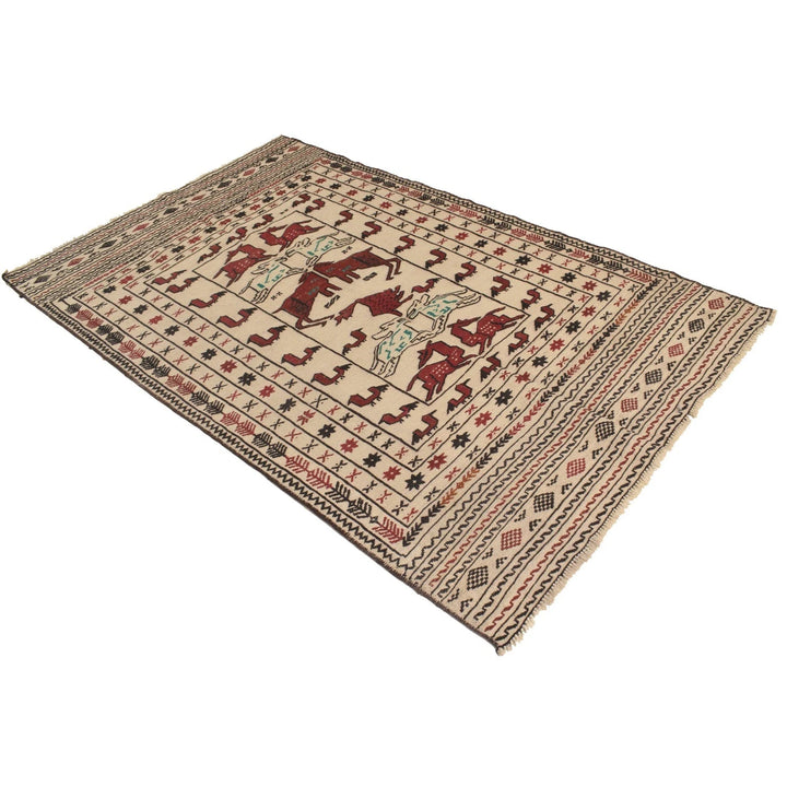 White Afghan Soumak Rug 3' 11" x 6' 3" Flat-Weave | No. AL32606