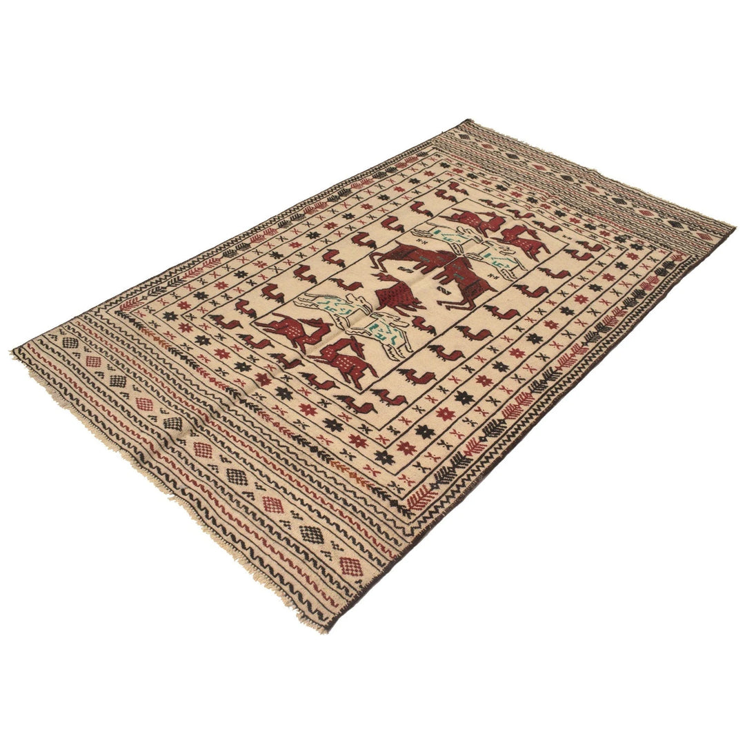 White Afghan Soumak Rug 3' 11" x 6' 3" Flat-Weave | No. AL32606