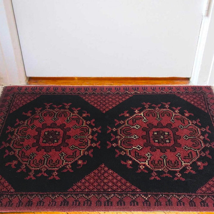 Red Afghan Oriental Doormat 1' 3" x 2' 2" Hand-Knotted | No. AL32617