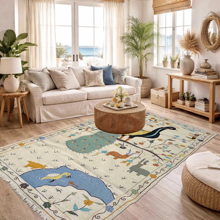 Beige Pakistani Kilim Rug 3' 4" x 6' 7" Flat-Weave | No. AL32647