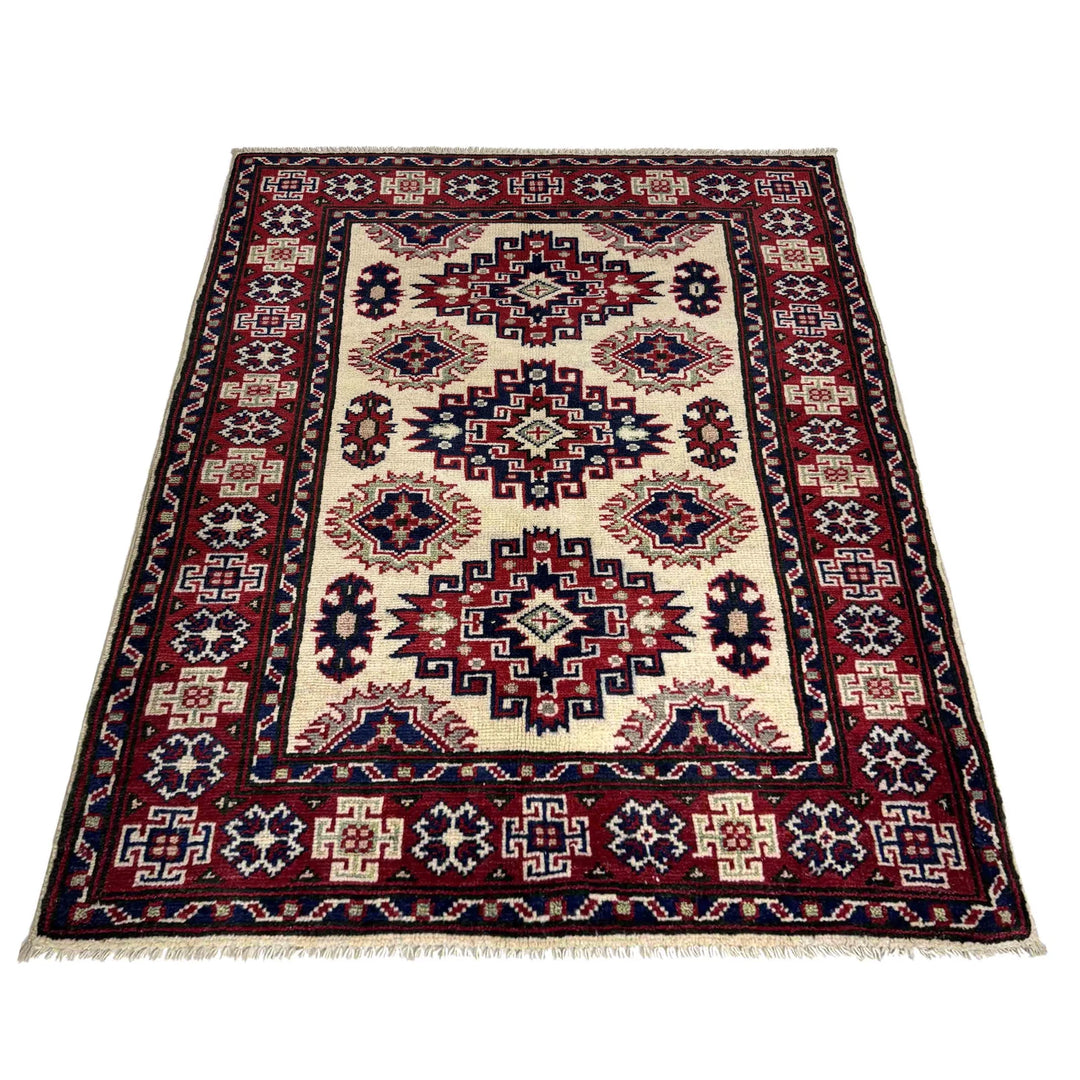 Beige Afghan Kazak Rug 3' 0" x 3' 10" Hand-Knotted | No. AL32672