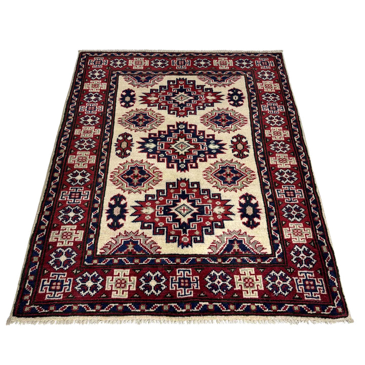 Beige Afghan Kazak Rug 3' 0" x 3' 10" Hand-Knotted | No. AL32672