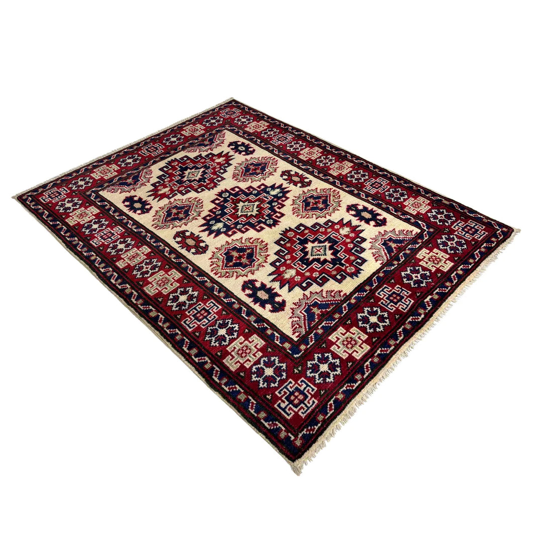 Beige Afghan Kazak Rug 3' 0" x 3' 10" Hand-Knotted | No. AL32672