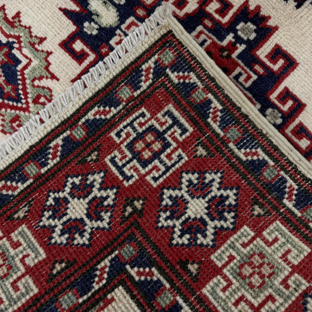 Beige Afghan Kazak Rug 3' 0" x 3' 10" Hand-Knotted | No. AL32672