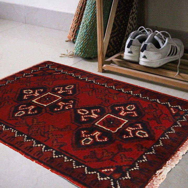 Red Afghan Oriental Doormat 1' 4" x 2' 0" Hand-Knotted | No. AL32691