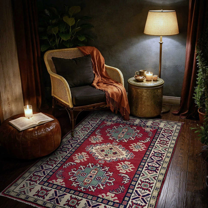 Red Afghan Kazak Rug 2' 8" x 4' 0" Hand-Knotted | No. AL32743