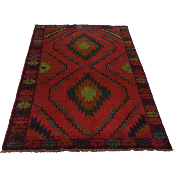 Red Afghan Baluchi Rug 4' 2" x 6' 8" Hand-Knotted | No. AL32809