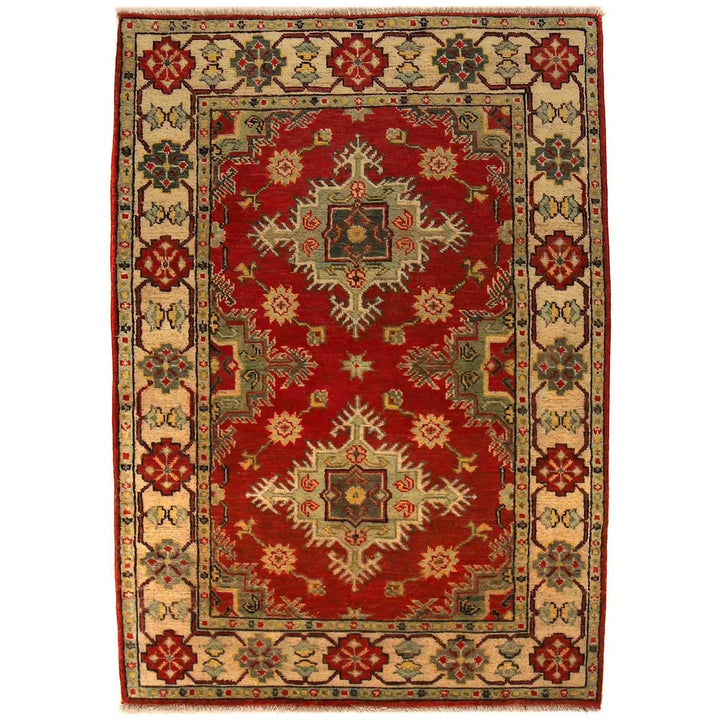 Red Afghan Kazak Rug 3' 5" x 4' 9" Hand-Knotted | No. AL33039