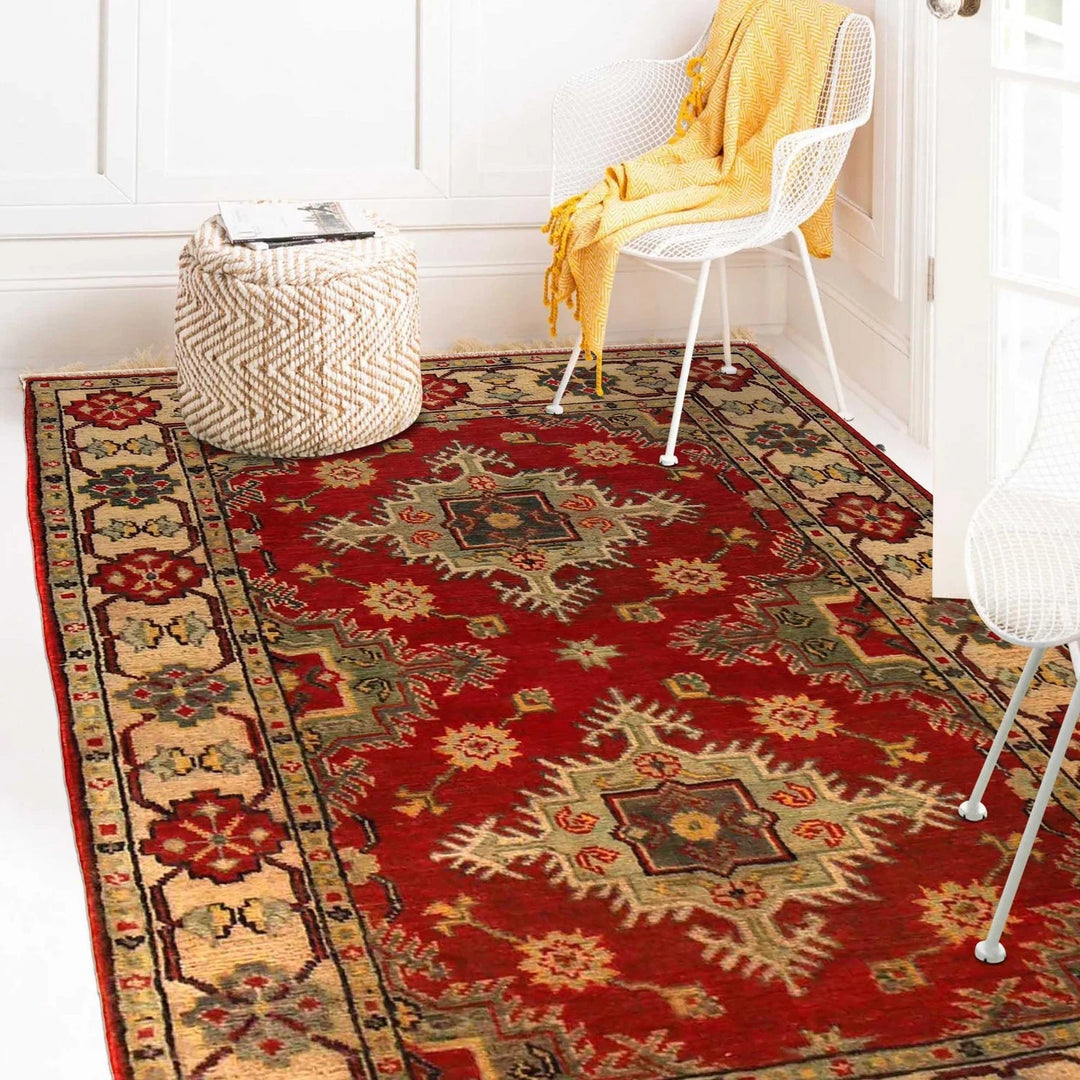 Red Afghan Kazak Rug 3' 5" x 4' 9" Hand-Knotted | No. AL33039