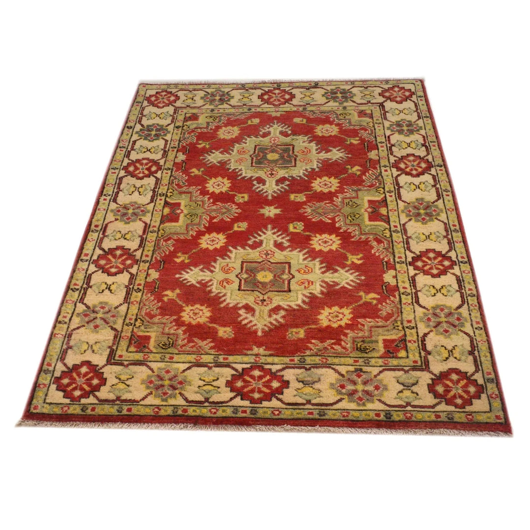 Red Afghan Kazak Rug 3' 5" x 4' 9" Hand-Knotted | No. AL33039