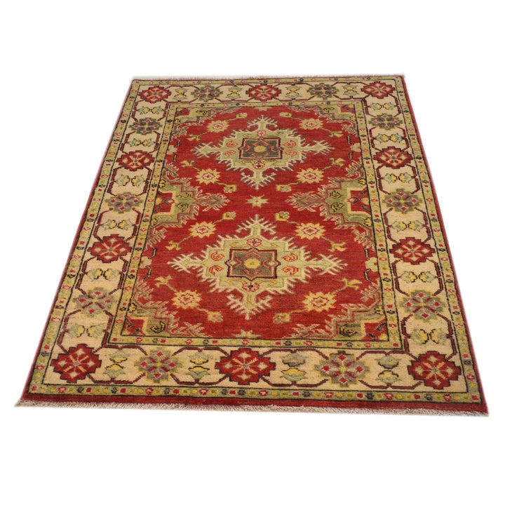 Red Afghan Kazak Rug 3' 5" x 4' 9" Hand-Knotted | No. AL33039