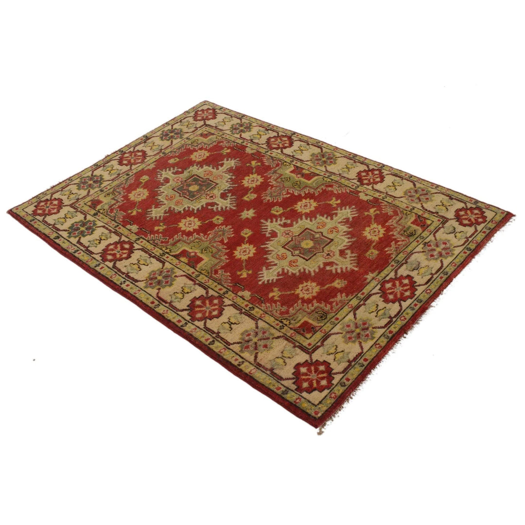 Red Afghan Kazak Rug 3' 5" x 4' 9" Hand-Knotted | No. AL33039