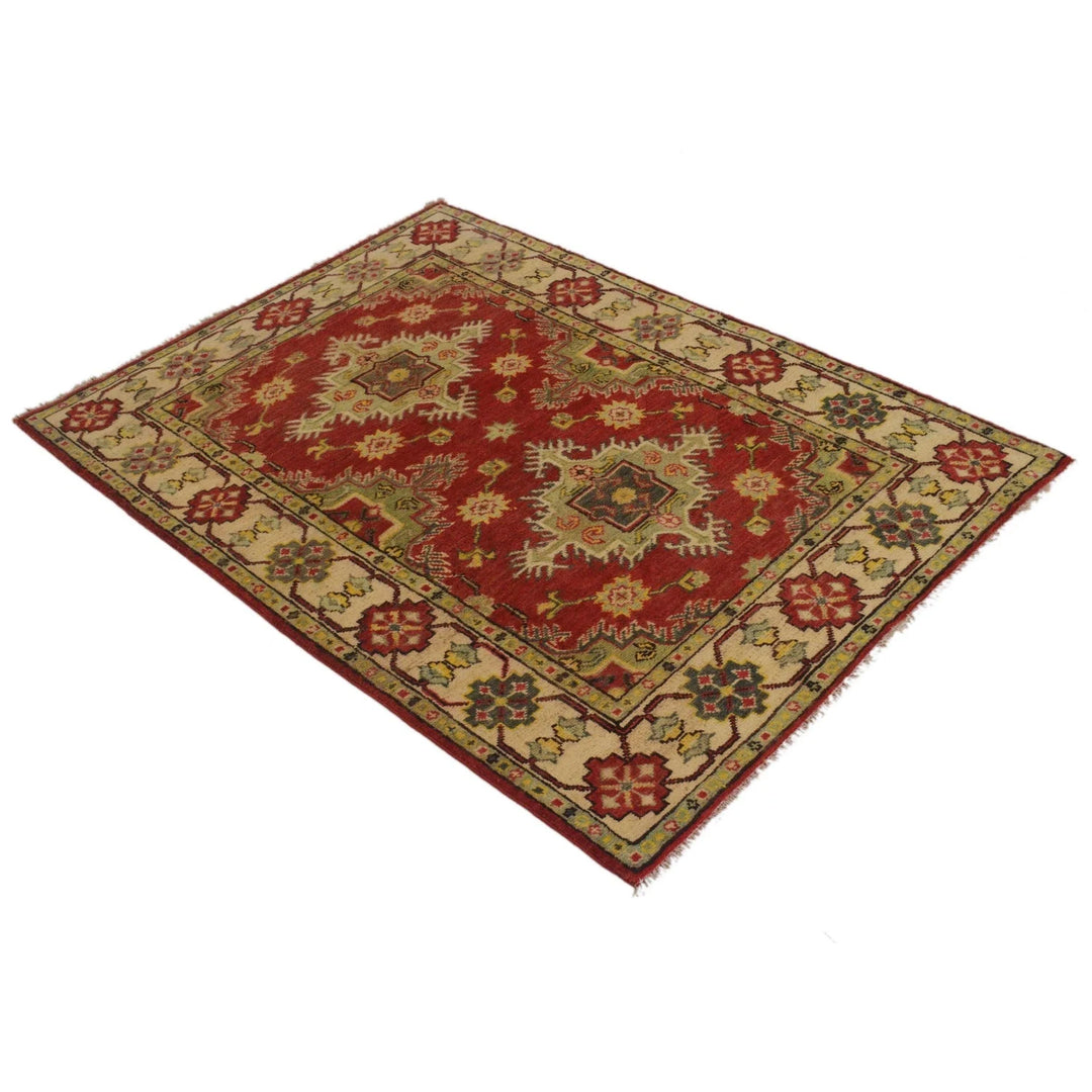 Red Afghan Kazak Rug 3' 5" x 4' 9" Hand-Knotted | No. AL33039
