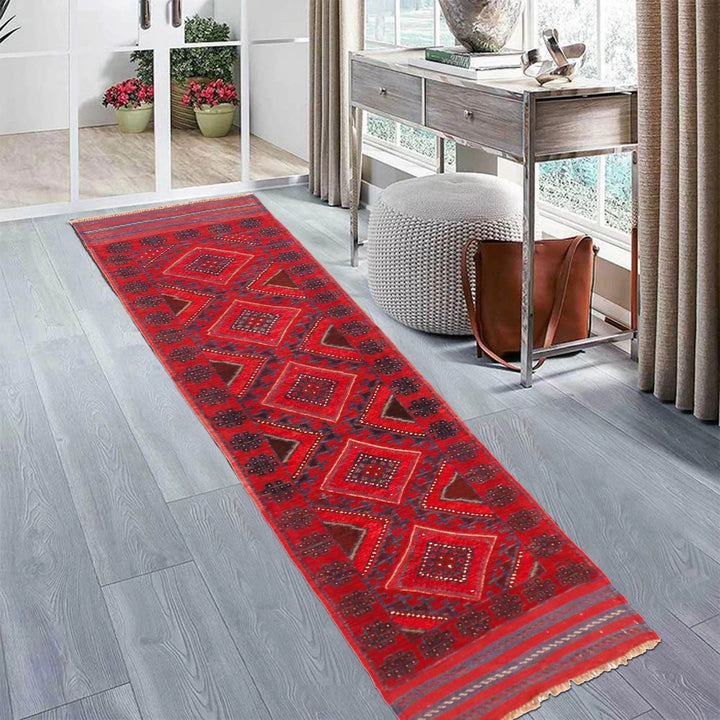 Red Afghan Mashwani Rug 2' 1" x 8' 2" Hand-Knotted | No. AL33047