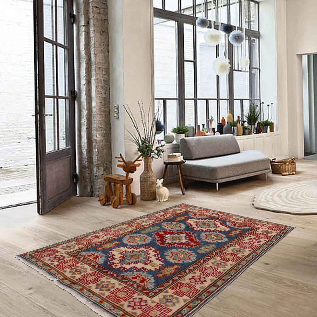 Blue Afghan Kazak Rug 2' 9" x 3' 8" Hand-Knotted | No. AL33054