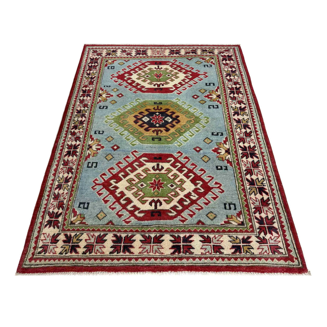 Blue Afghan Kazak Rug 3' 3" x 4' 11" Hand-Knotted | No. AL33109