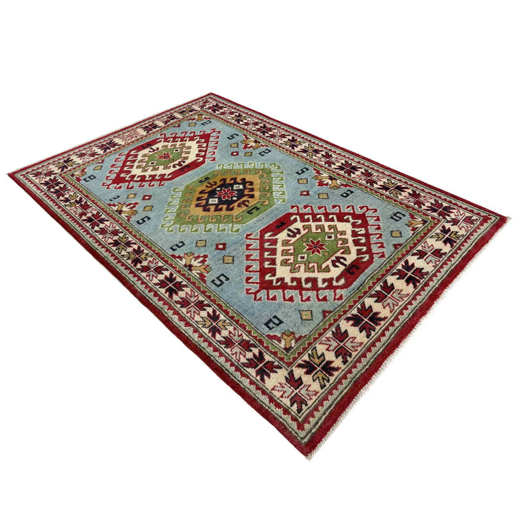 Blue Afghan Kazak Rug 3' 3" x 4' 11" Hand-Knotted | No. AL33109