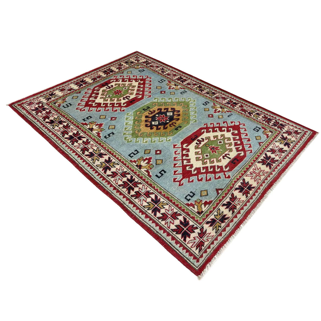 Blue Afghan Kazak Rug 3' 3" x 4' 11" Hand-Knotted | No. AL33109