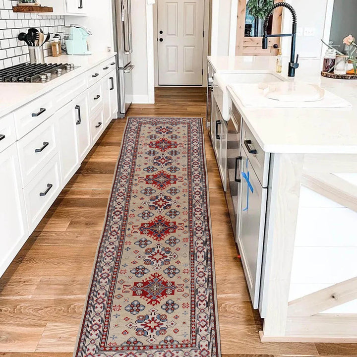 Beige Afghan Kazak Rug 2' 9" x 9' 7" Hand-Knotted | No. AL33189