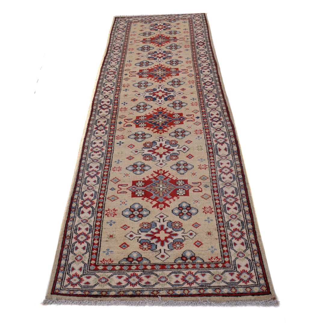Beige Afghan Kazak Rug 2' 9" x 9' 7" Hand-Knotted | No. AL33189
