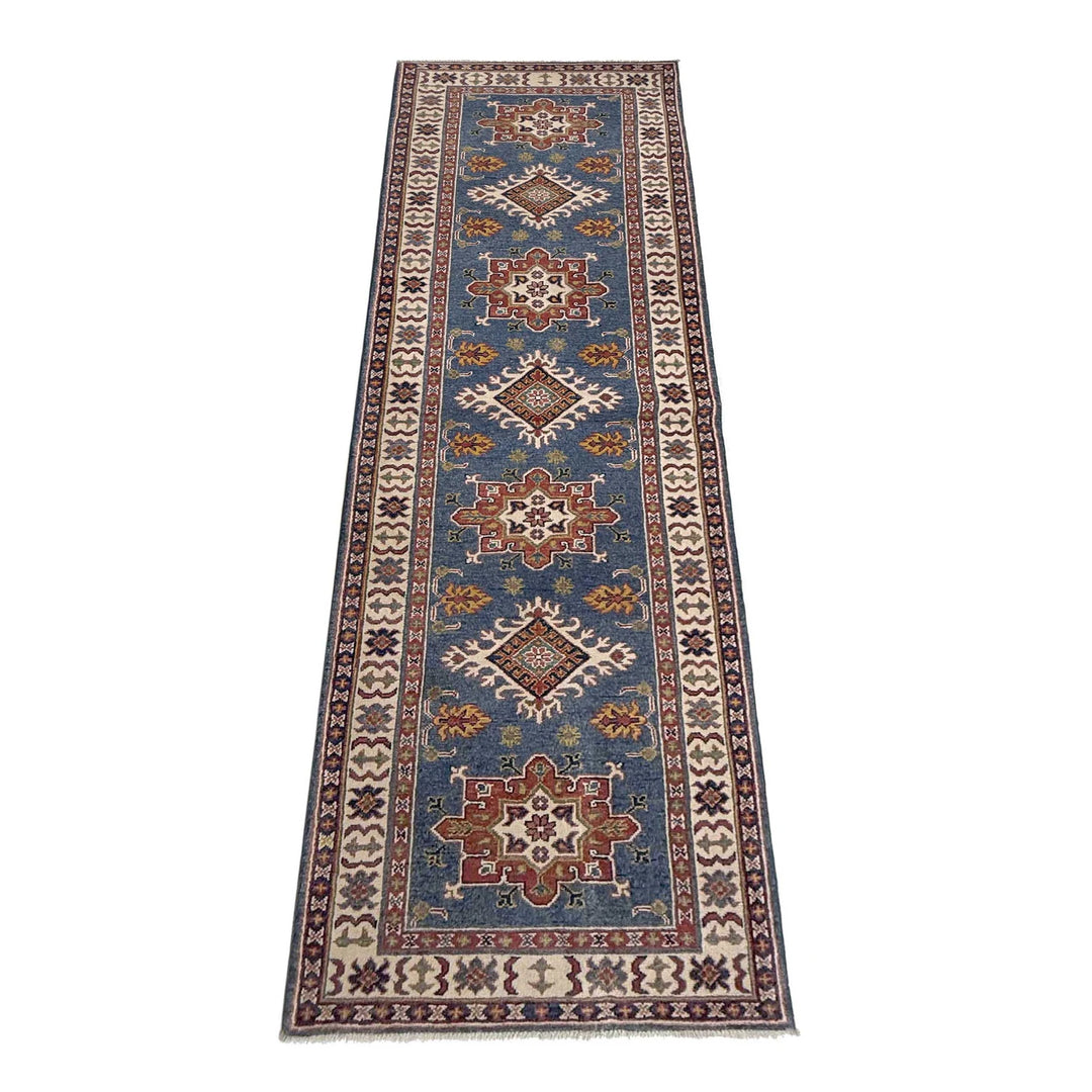 Blue Afghan Kazak Rug 2' 9" x 9' 7" Hand-Knotted | No. AL33314
