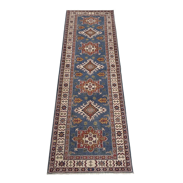Blue Afghan Kazak Rug 2' 9" x 9' 7" Hand-Knotted | No. AL33314