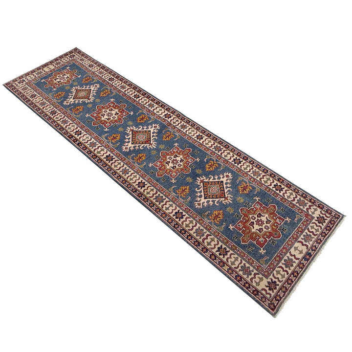 Blue Afghan Kazak Rug 2' 9" x 9' 7" Hand-Knotted | No. AL33314