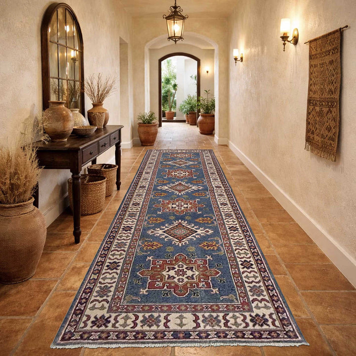 Blue Afghan Kazak Rug 2' 9" x 9' 7" Hand-Knotted | No. AL33314