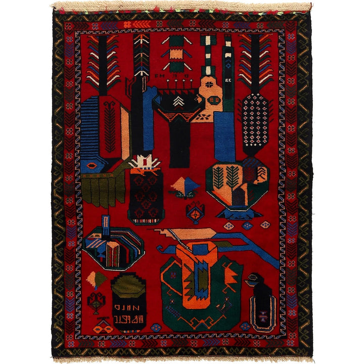 Red Afghan Baluchi Rug 3' 4" x 4' 9" Hand-Knotted | No. AL33321