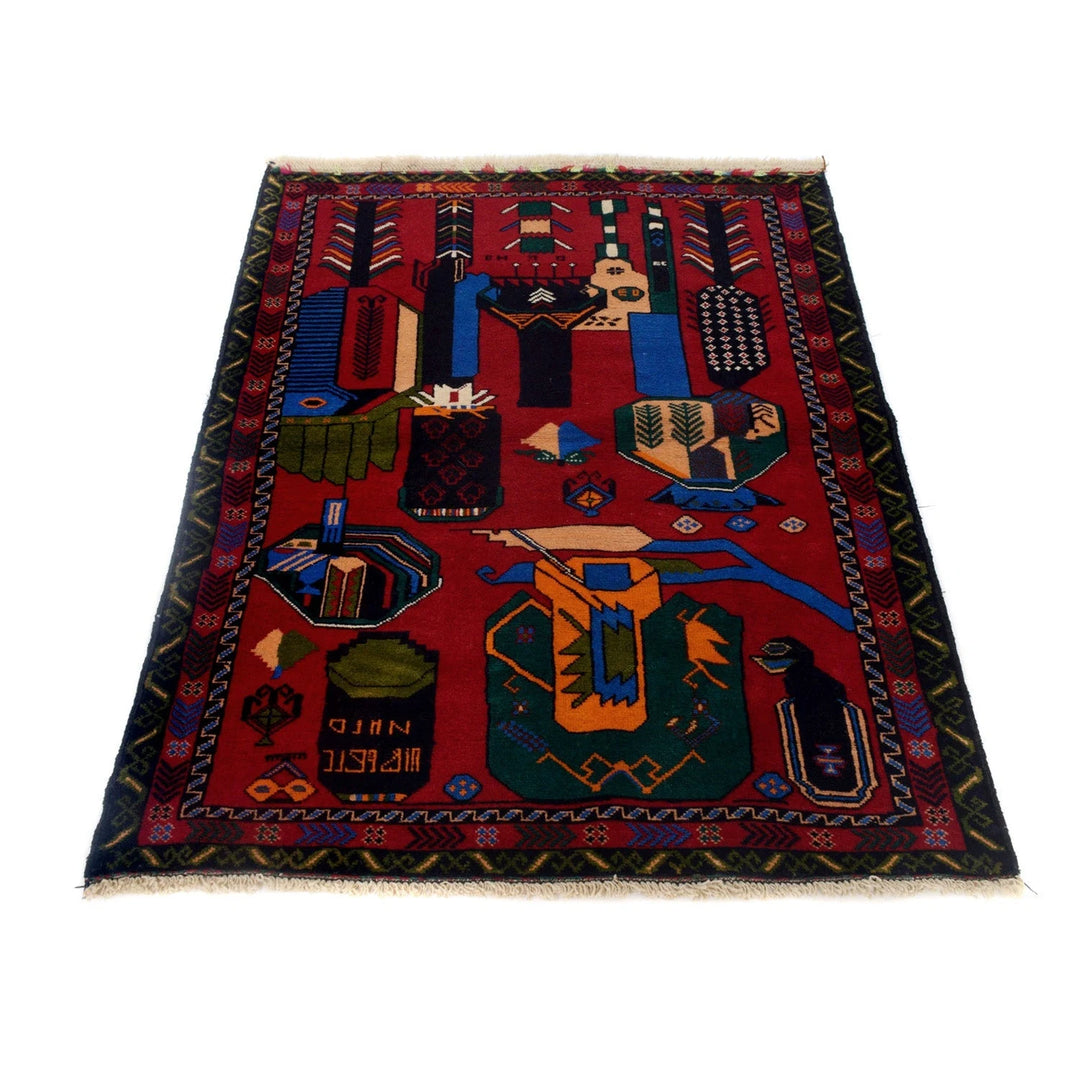 Red Afghan Baluchi Rug 3' 4" x 4' 9" Hand-Knotted | No. AL33321