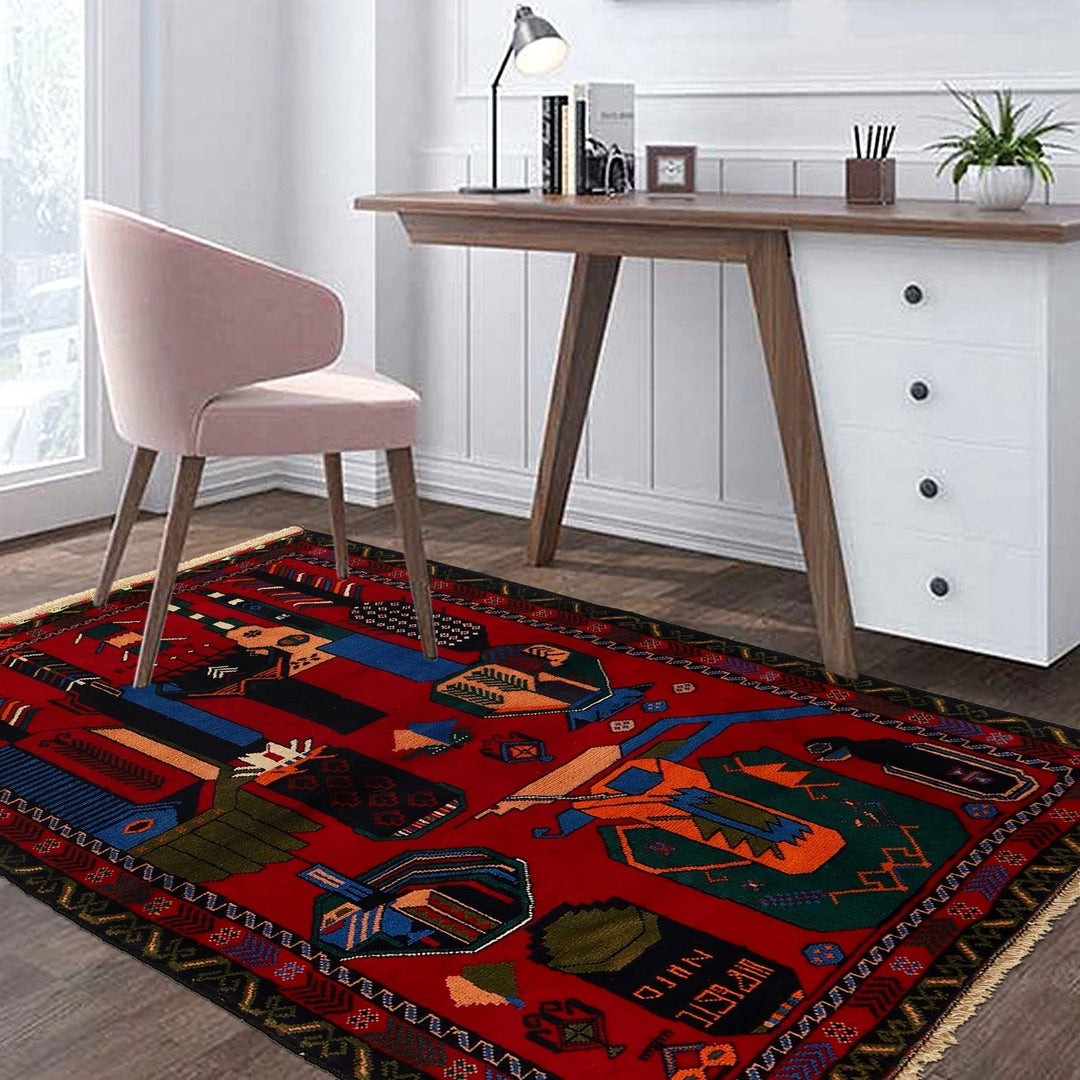 Red Afghan Baluchi Rug 3' 4" x 4' 9" Hand-Knotted | No. AL33321