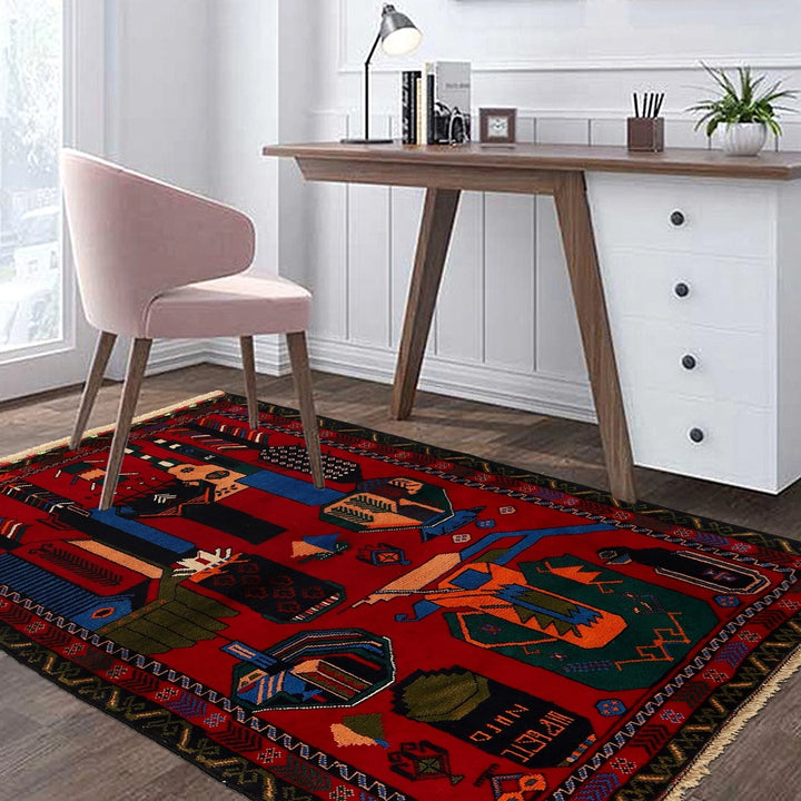 Red Afghan Baluchi Rug 3' 4" x 4' 9" Hand-Knotted | No. AL33321