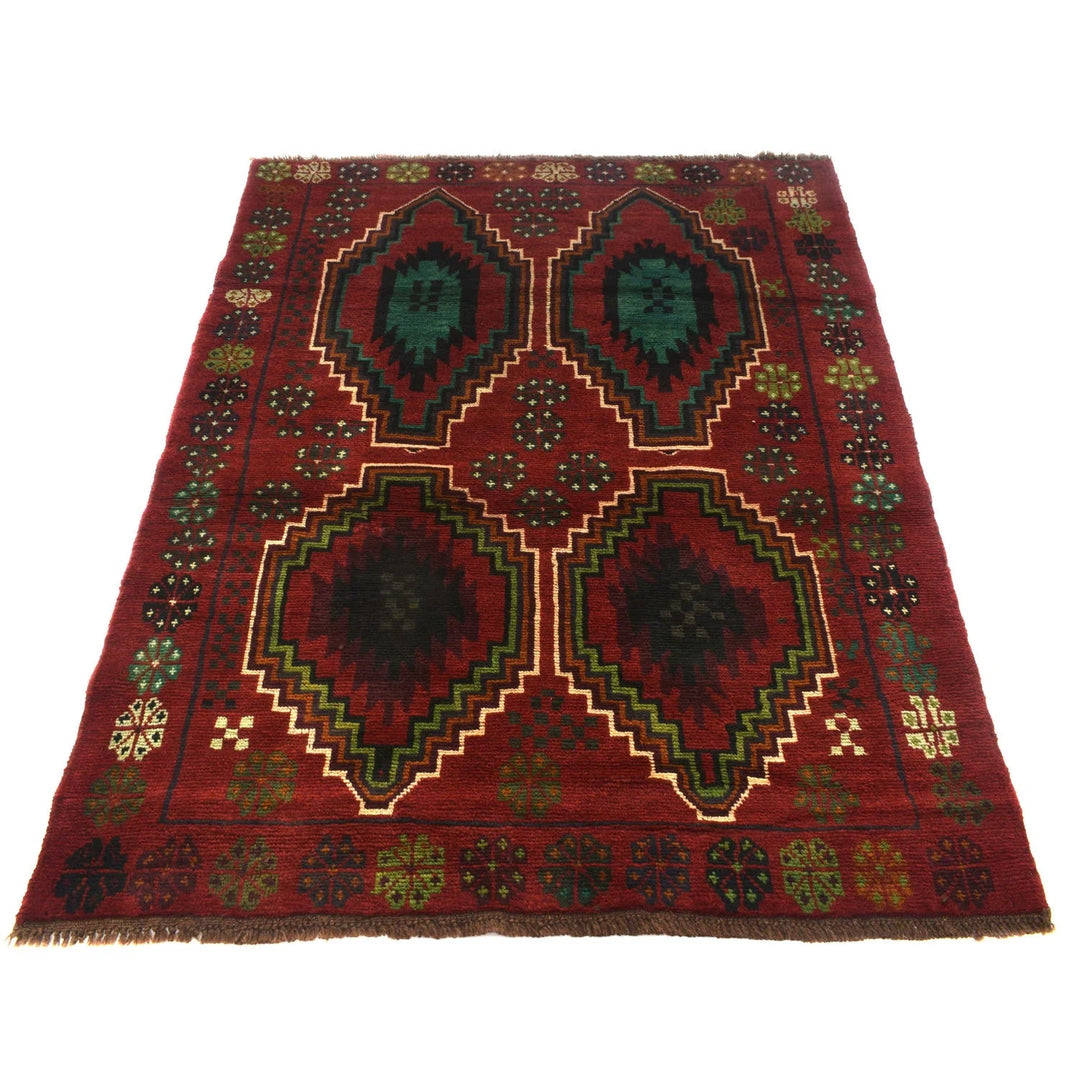 Red Afghan Baluchi Rug 4' 4" x 5' 9" Hand-Knotted | No. AL33379