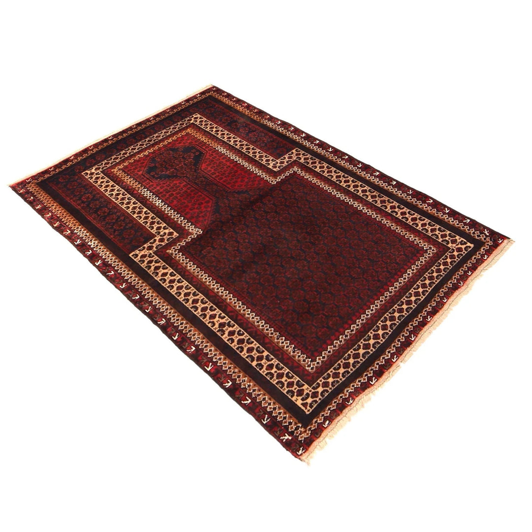 Red Afghan Prayer Rug 3' 1" x 4' 6" Hand-Knotted | No. AL33446