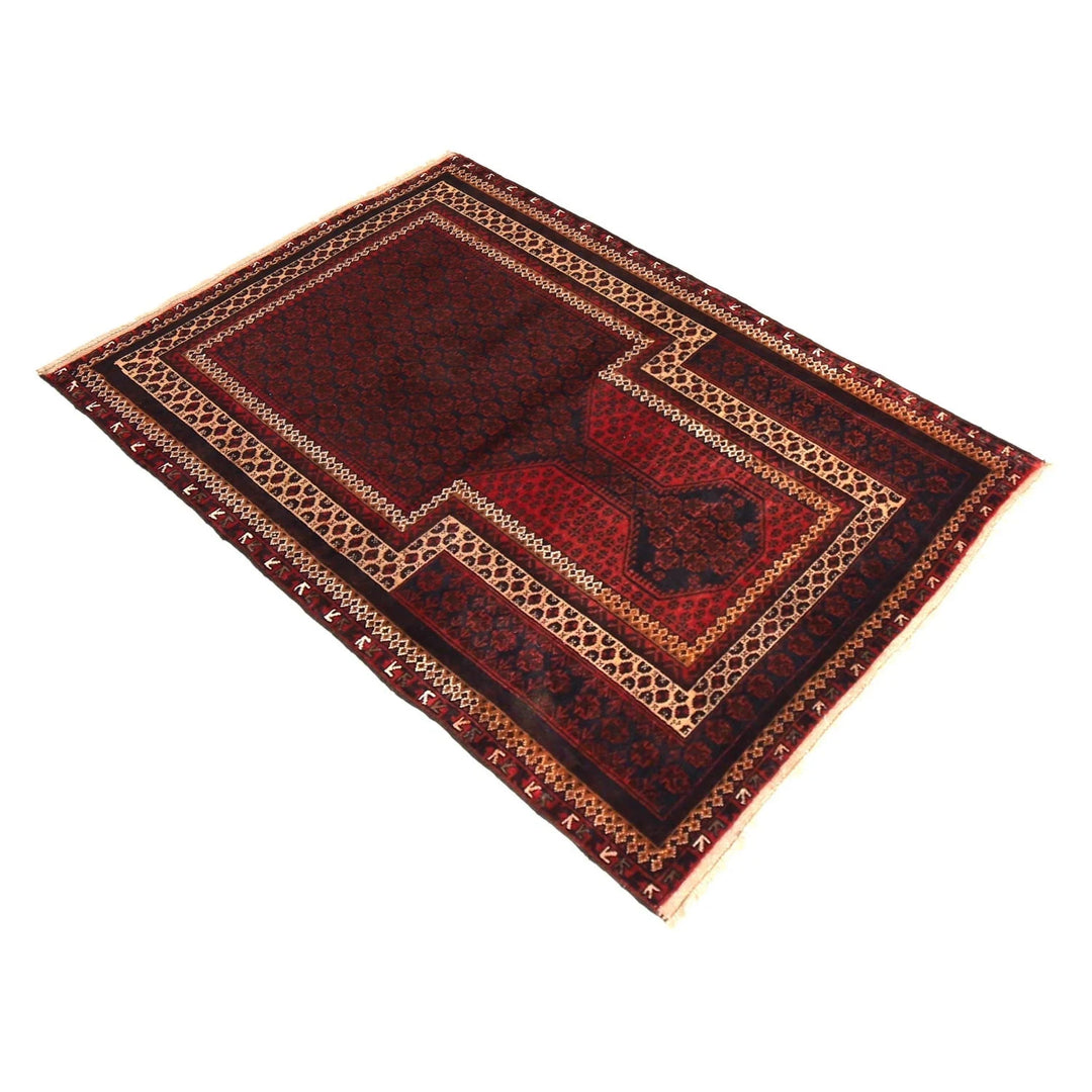 Red Afghan Prayer Rug 3' 1" x 4' 6" Hand-Knotted | No. AL33446