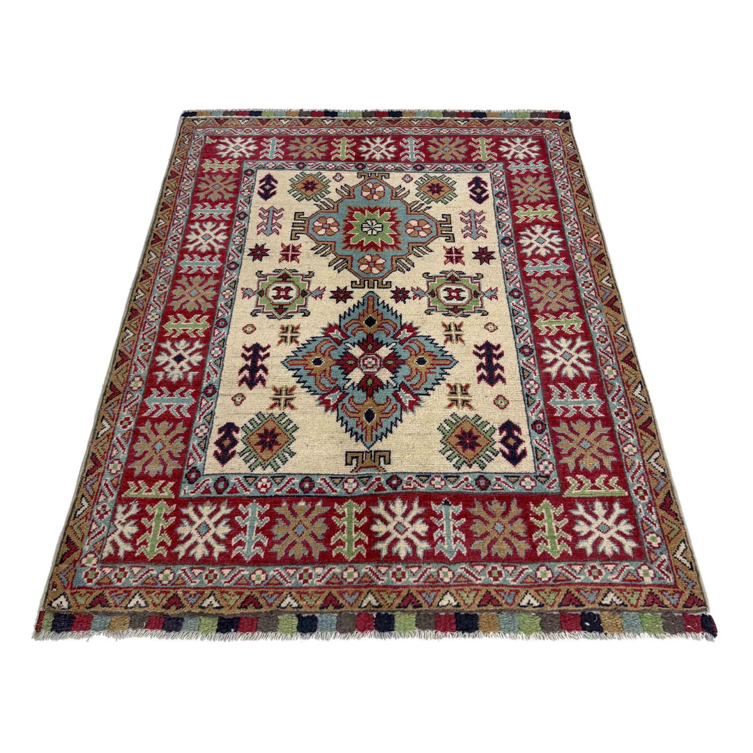 Beige Afghan Kazak Rug 3' 4" x 4' 7" Hand-Knotted | No. AL33458