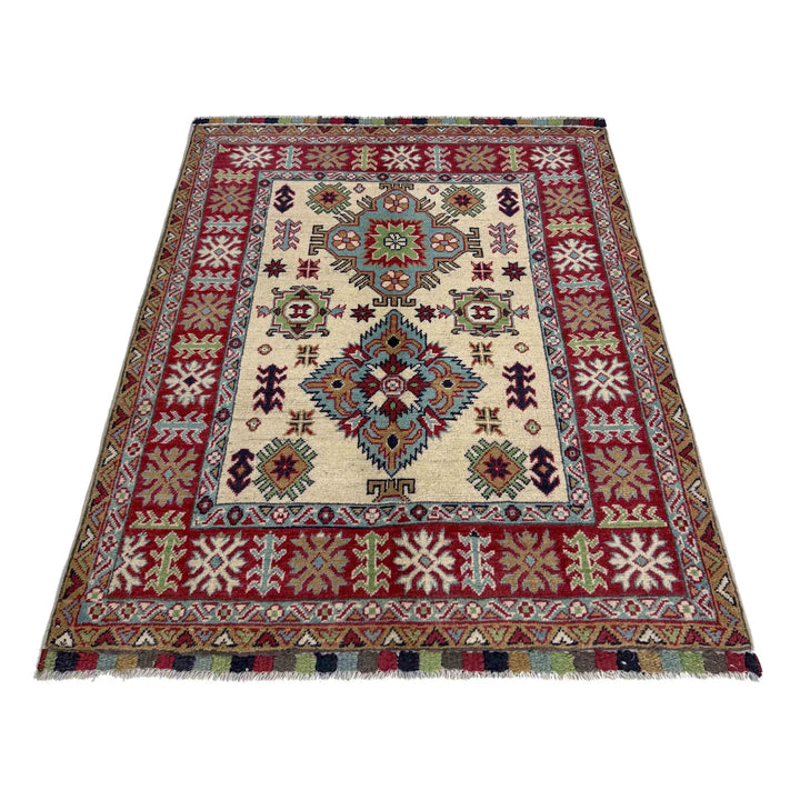 Beige Afghan Kazak Rug 3' 4" x 4' 7" Hand-Knotted | No. AL33458