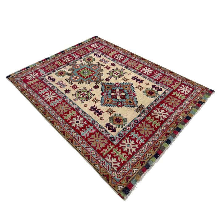 Beige Afghan Kazak Rug 3' 4" x 4' 7" Hand-Knotted | No. AL33458