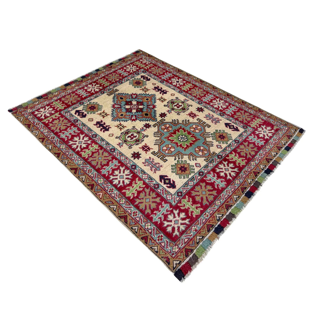 Beige Afghan Kazak Rug 3' 4" x 4' 7" Hand-Knotted | No. AL33458