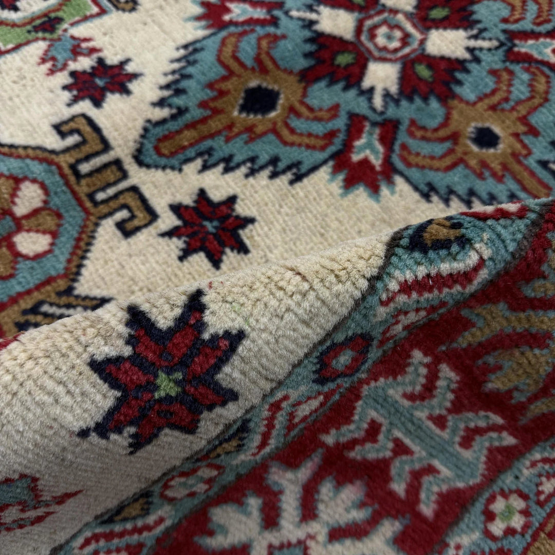 Beige Afghan Kazak Rug 3' 4" x 4' 7" Hand-Knotted | No. AL33458