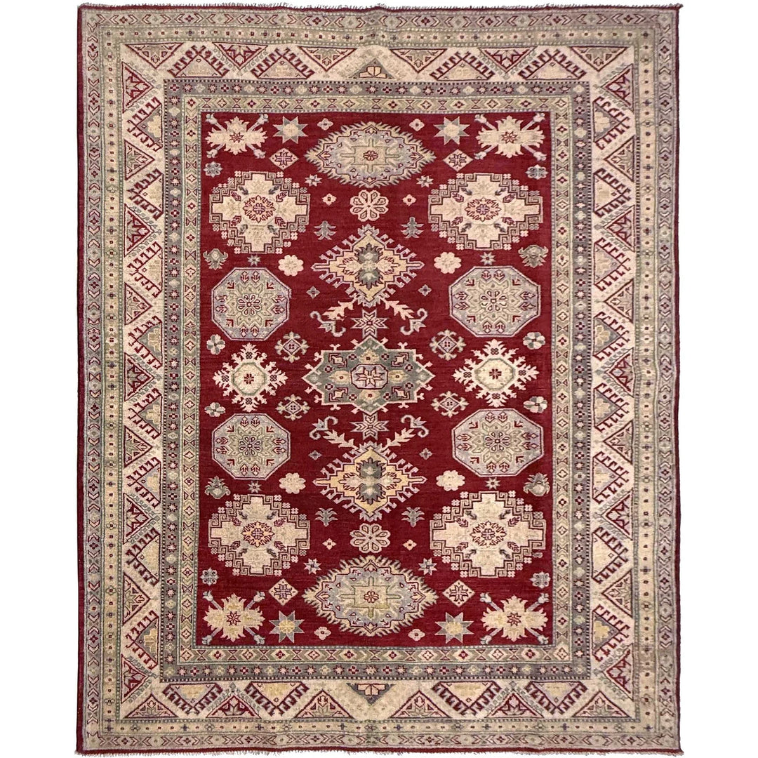Red Afghan Kazak Rug 6' 8" x 9' 8" Hand-Knotted | No. AL33459