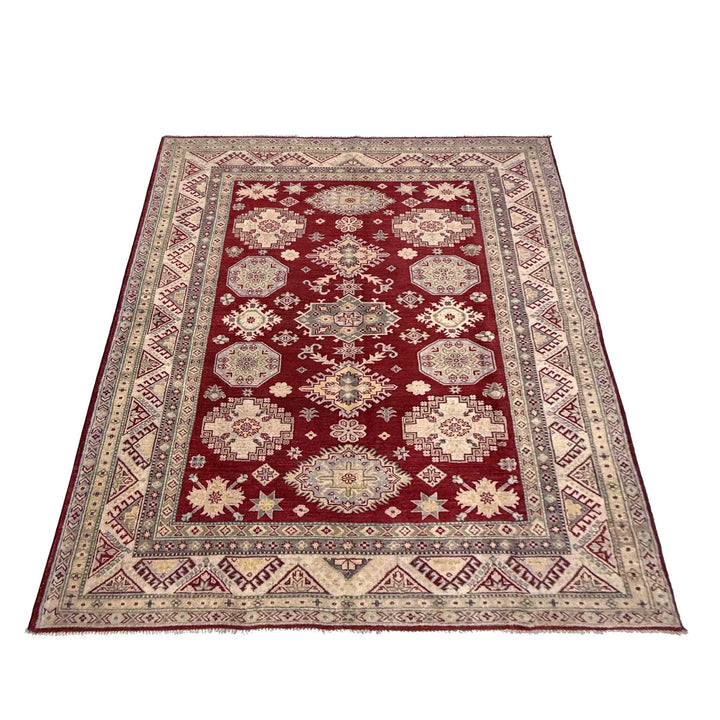 Red Afghan Kazak Rug 6' 8" x 9' 8" Hand-Knotted | No. AL33459